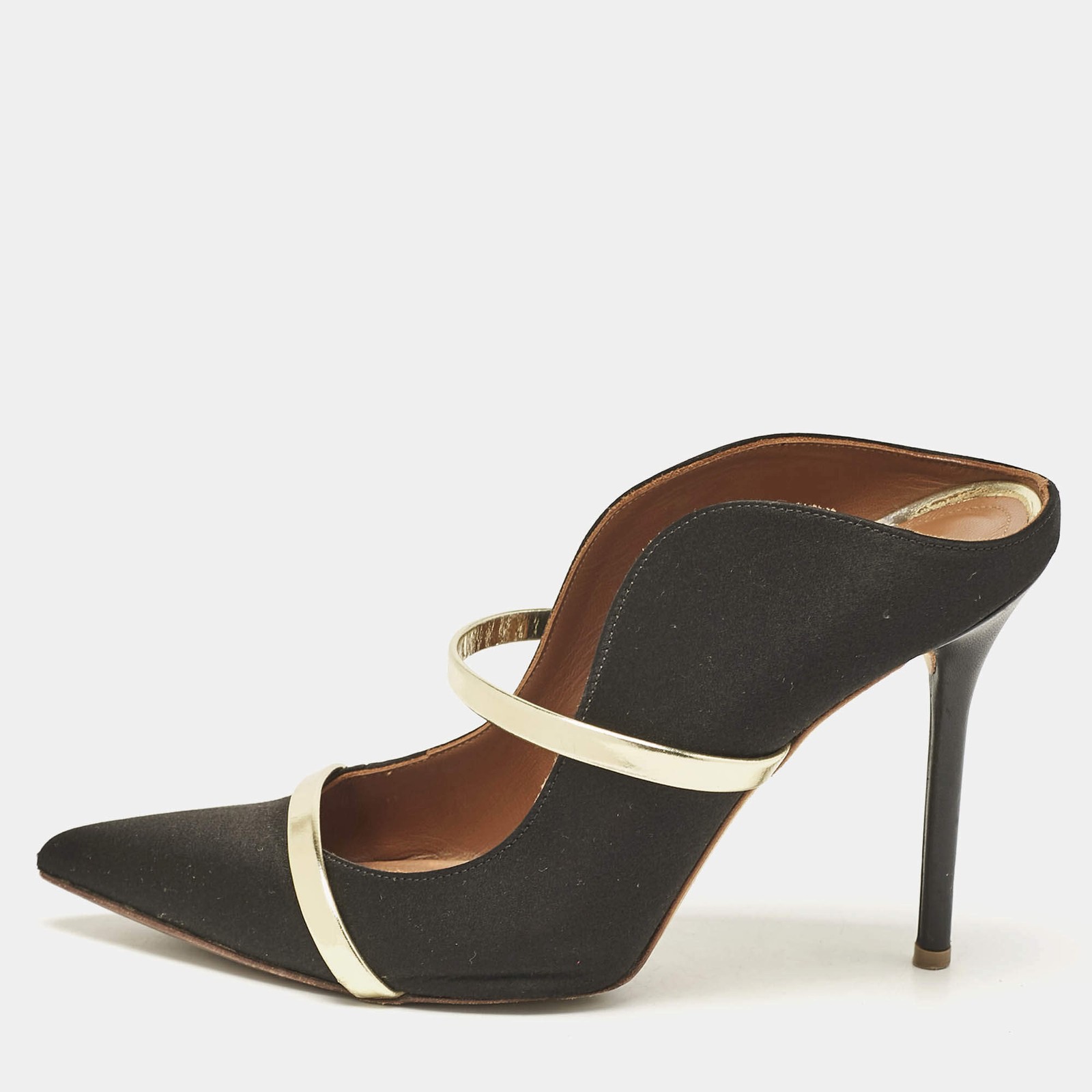Malone Souliers BlackGold Satin and Leather Maureen Flat Mules Size 38