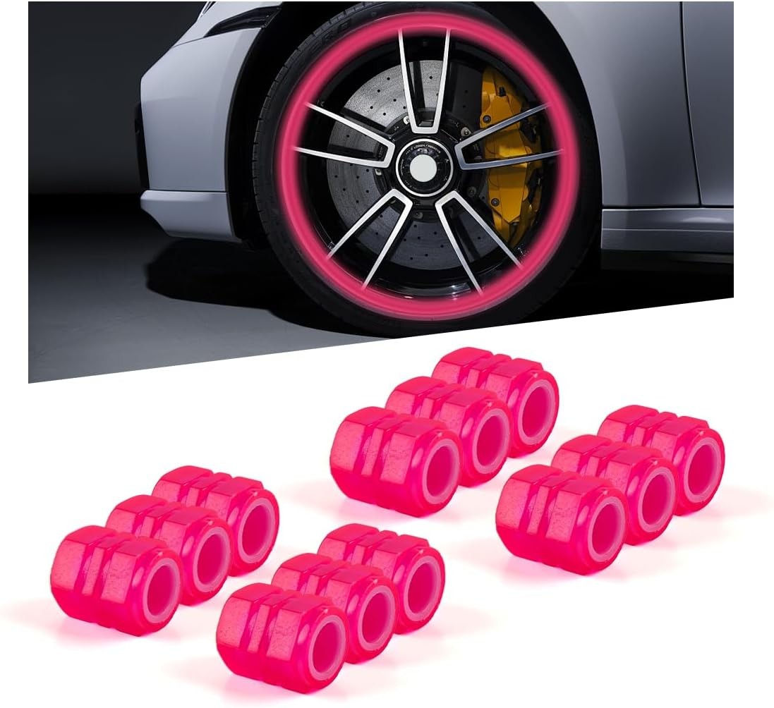 12PCS Luminous Corrosion-Resistant Tire Valve Stem Caps, Glow-in-t Color: Pink