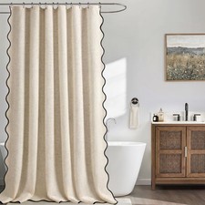 Extra Long Shower Curtains 84 Inch Linen Beige Cute Black Scalloped Boho Mode...