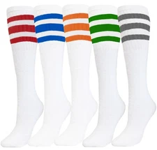 5pk  White Striped Tube Socks 22 Inch OLD SCHOOL Socks COTTON Multicolor Set 8