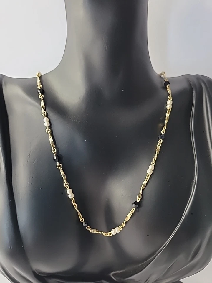 Vintage Premier Designs Necklace Chain Gold Tone Mini Beaded Black White Jewelry - Image 2 of 4