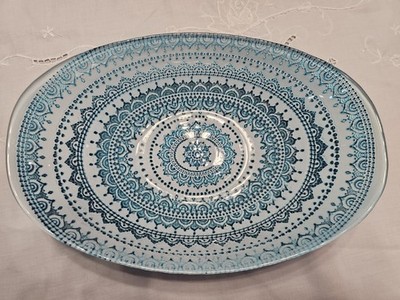 Glass Oval Blue & White Intricate Mandala Pattern Bowl Artisan Boho Decor 12''