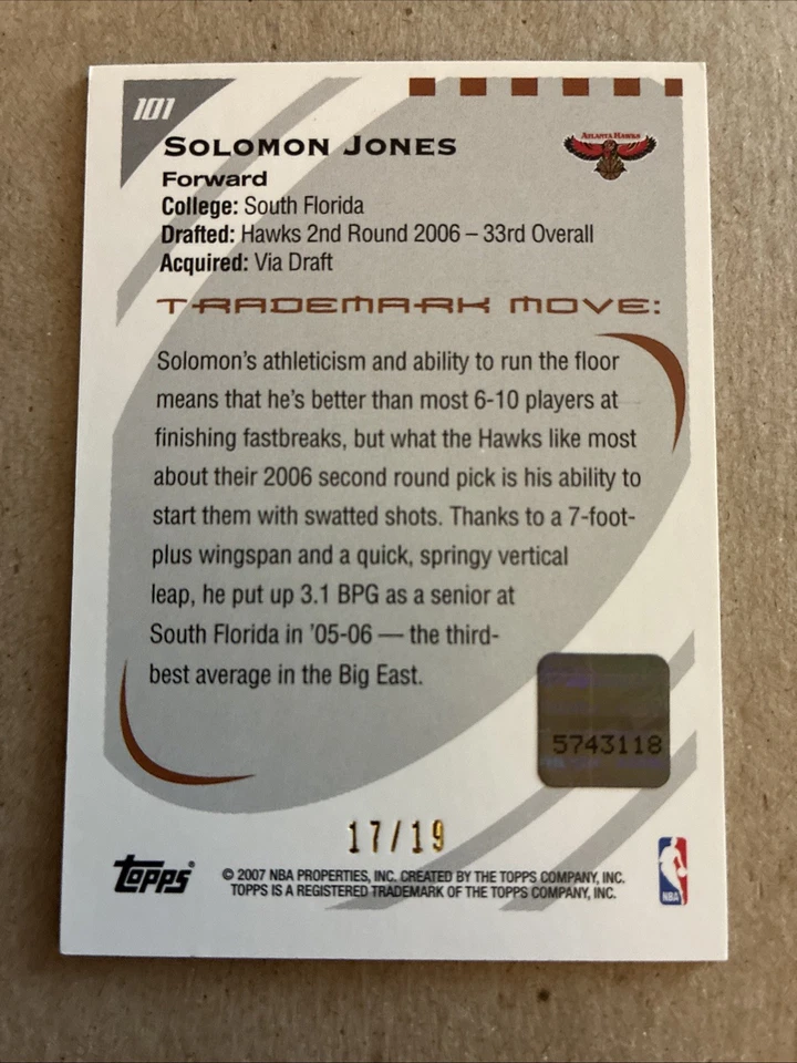 2006-07 Topps Trademark Moves Wood Auto -17/19 Solomon Jones #101 Rookie Hawks - Image 2 of 2