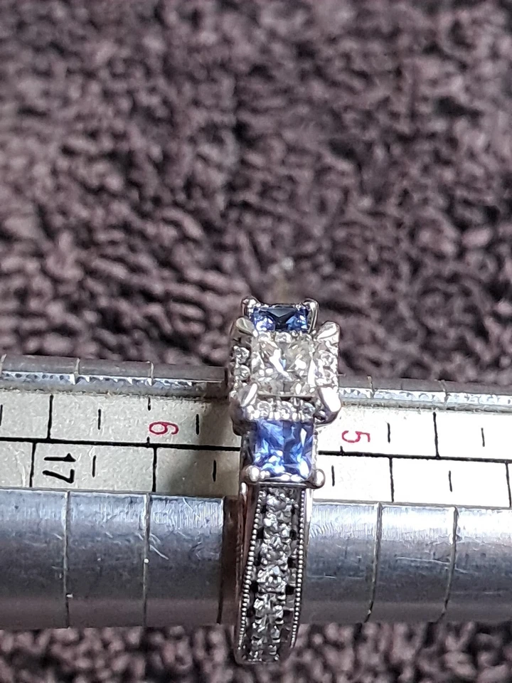 14k White Gold Princess Diamond Blue Sapphire Three Stone Engagement Ring 6 - Image 3 of 4