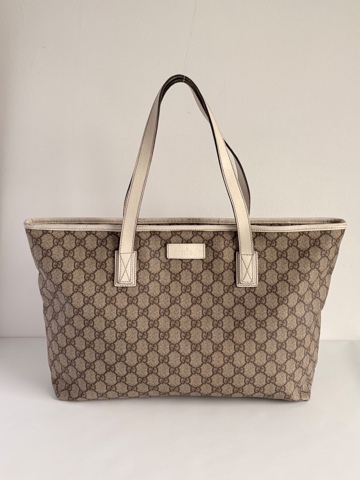 Gucci Supreme GG Monogram Large PVC Canvas Tote Bag with White Leather Trim for Travel