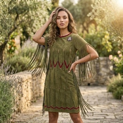 Cowgirl Olive Green Suede Fringe Midi-Dress | Western Women Beaded Maxi |  Native | eBay