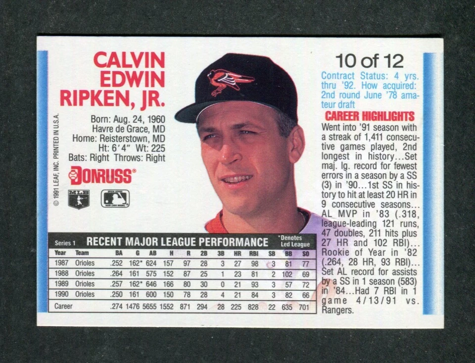 Cal Ripken Jr. PROMO 1992 Donruss Baseball Previews Card #10 Hobby Dealers Only! - Imagem 2 de 2