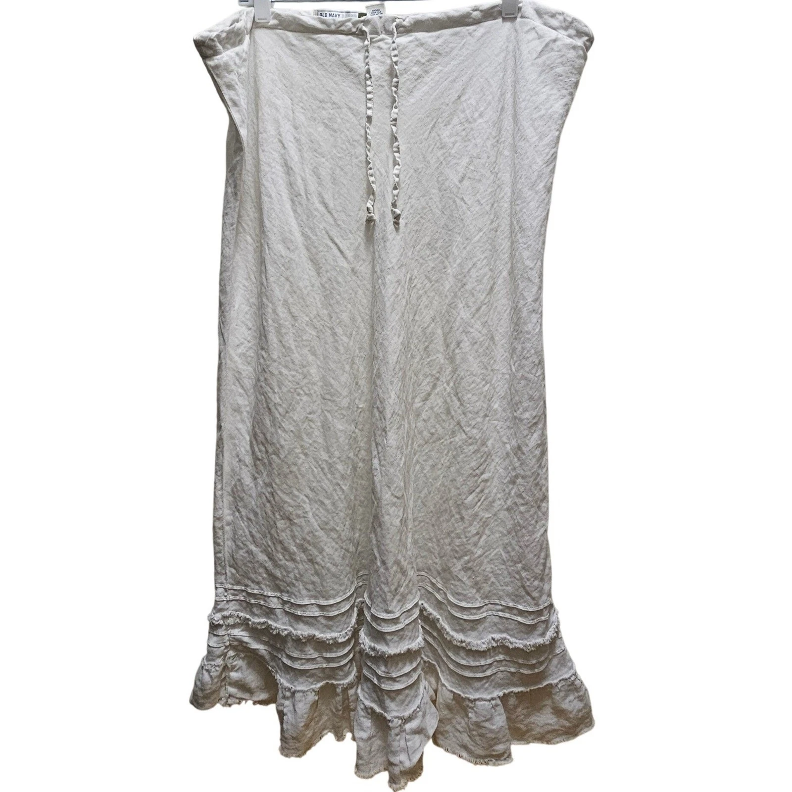 Old Navy 100% Linen White Maxi 14 Ruffle Frayed Hem Y2K Boho Cottagecore Vintage