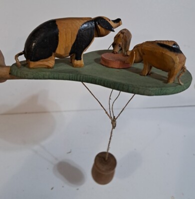 Jouet à Balancier Allemagne 1930, Cochon Et Porcelet En Bois Peint, Abreuvoir