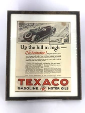 Vintage Texaco Ad "Up The Hill In High" Framed Under Glass