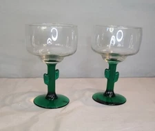 Margarita Glasses Set of 2 Cactus Libby Green Stem Glassware 3619 JS 12oz.