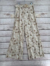House of Harlow 1960 Linen Blend Floral Wide Leg Pants Women's 6 Beige Belted