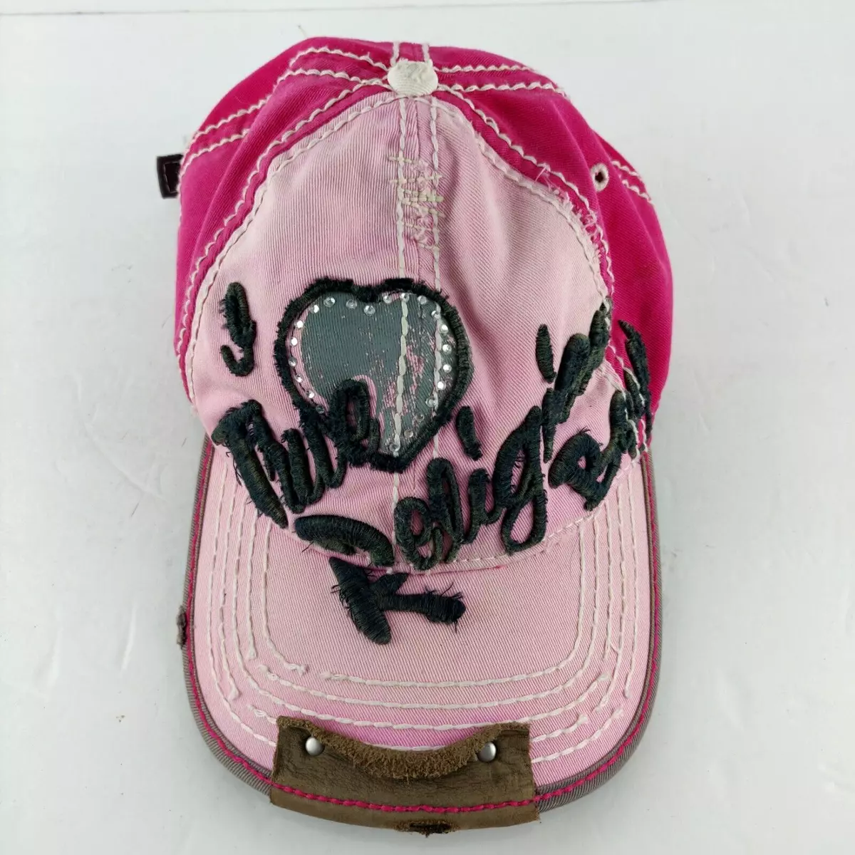 Vintage TRUE RELIGION One Size Leather Heart Distressed Trucker Cap Hat Pink Red