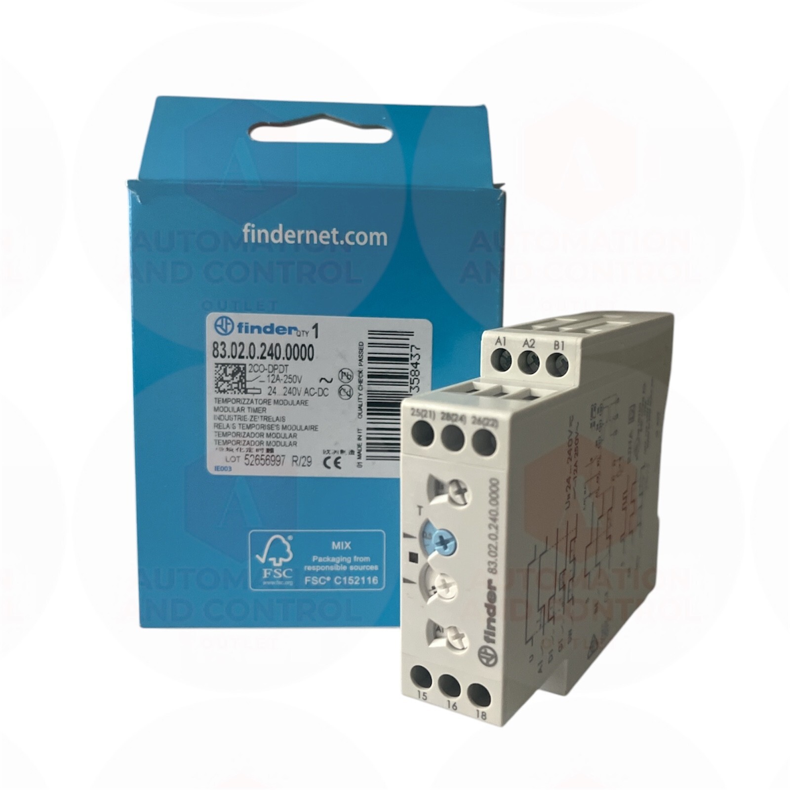 FINDER 83.02.0.240.0000 Modular Timer 12 AMP, 2CO-DPDT
