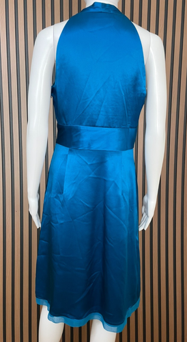 Vestido para mujer Ann Taylor cóctel retorcido entrecruzado cintura imperio seda 6 azul - Imagen 2 de 7