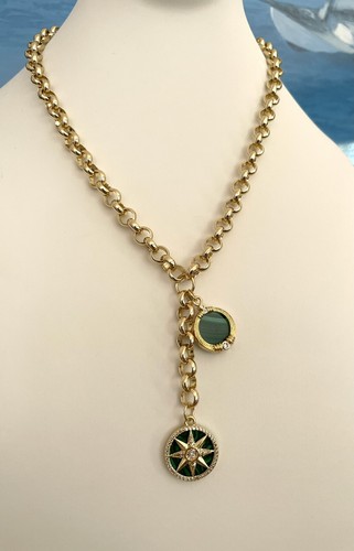 Grueso Multi Dije Cadena Rolo Collar Lariat Verde Malaquita Estrella Medallón - Imagen 8 de 8