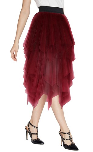 Women's Elegant Mesh Layered Tulle Skirt Sheer Tutu Skirt Midi Dress Wine Red S - Picture 2 of 4