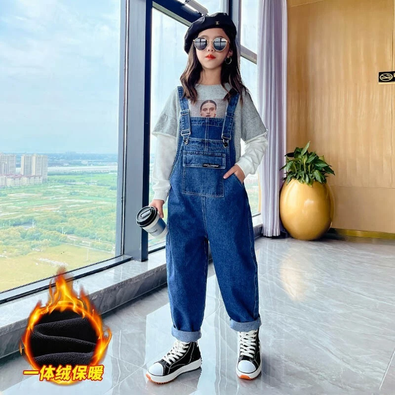 Children Korean Fashion Thicken Rompers Girls Winter Warm Denim Jumpsuits  Pants