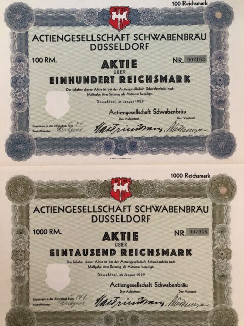 2 x Actiengesellschaft Schwabenbräu Düsseldorf - Aktie 1.000 RM + Aktie 100 RM -