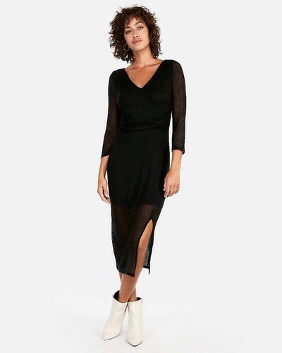 V-NECK TWIST FRONT RIBBED MIDI DRESS 