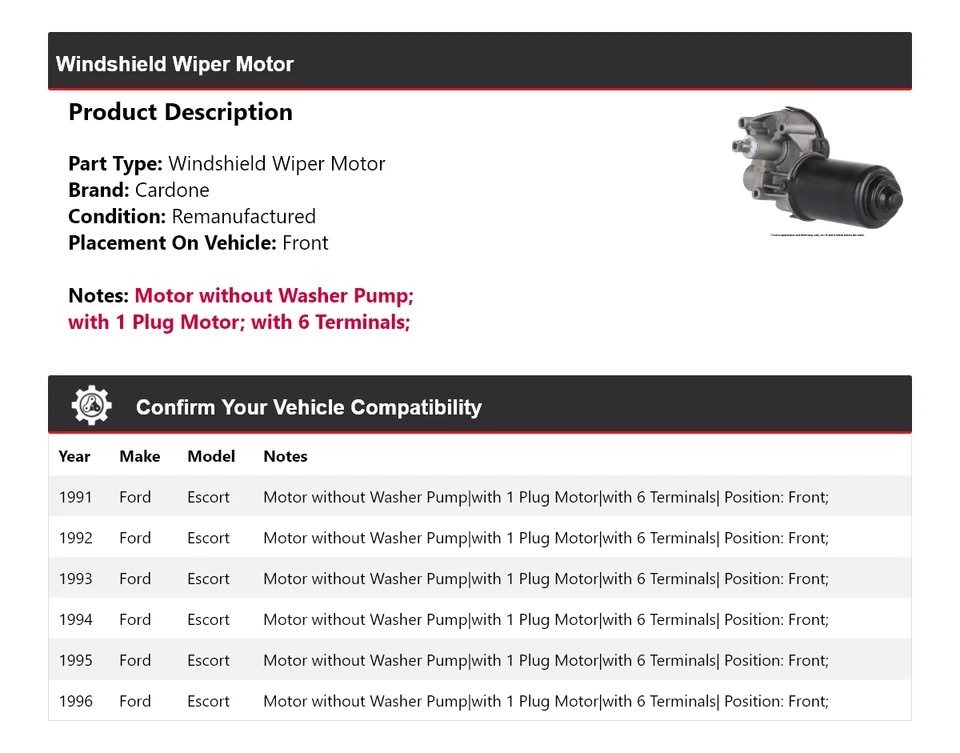 Para Ford Escort 1991-1996 Limpiaparabrisas Motor Delantero Cardone 1992 1993 1994 Foto 2 de 4