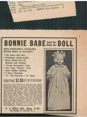 1951 ''Bonnie Babe Doll'' New Jersey print newspaper ad 5x4.5  2D22