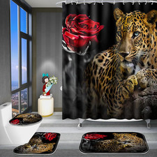 4 Pcs Bathroom Shower Curtain Set, Leopard and Rose Shower Curtains with Bright