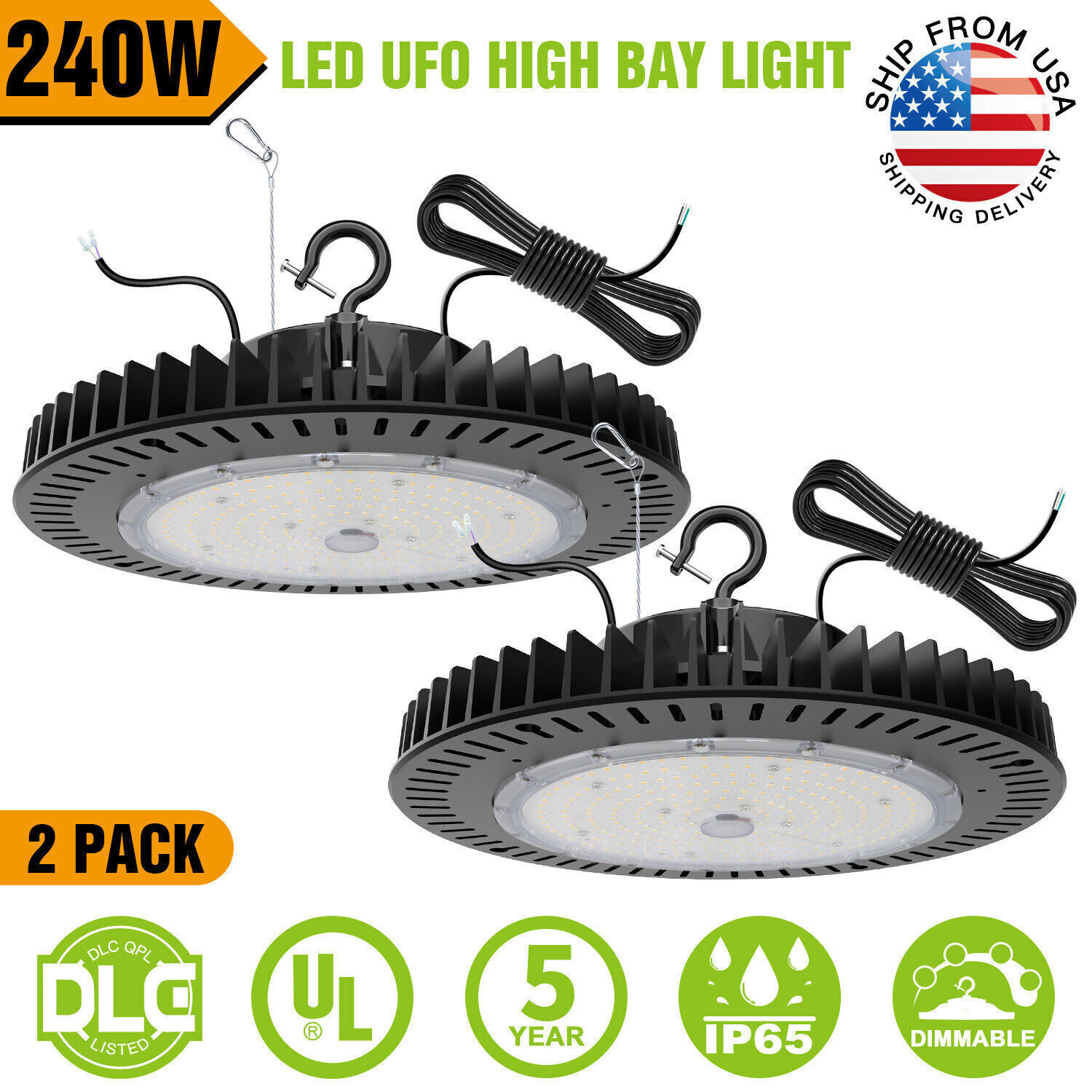 2-Pack 240W UFO LED High Bay Light Fixture Dimmable Garage Workshop Light UL DLC