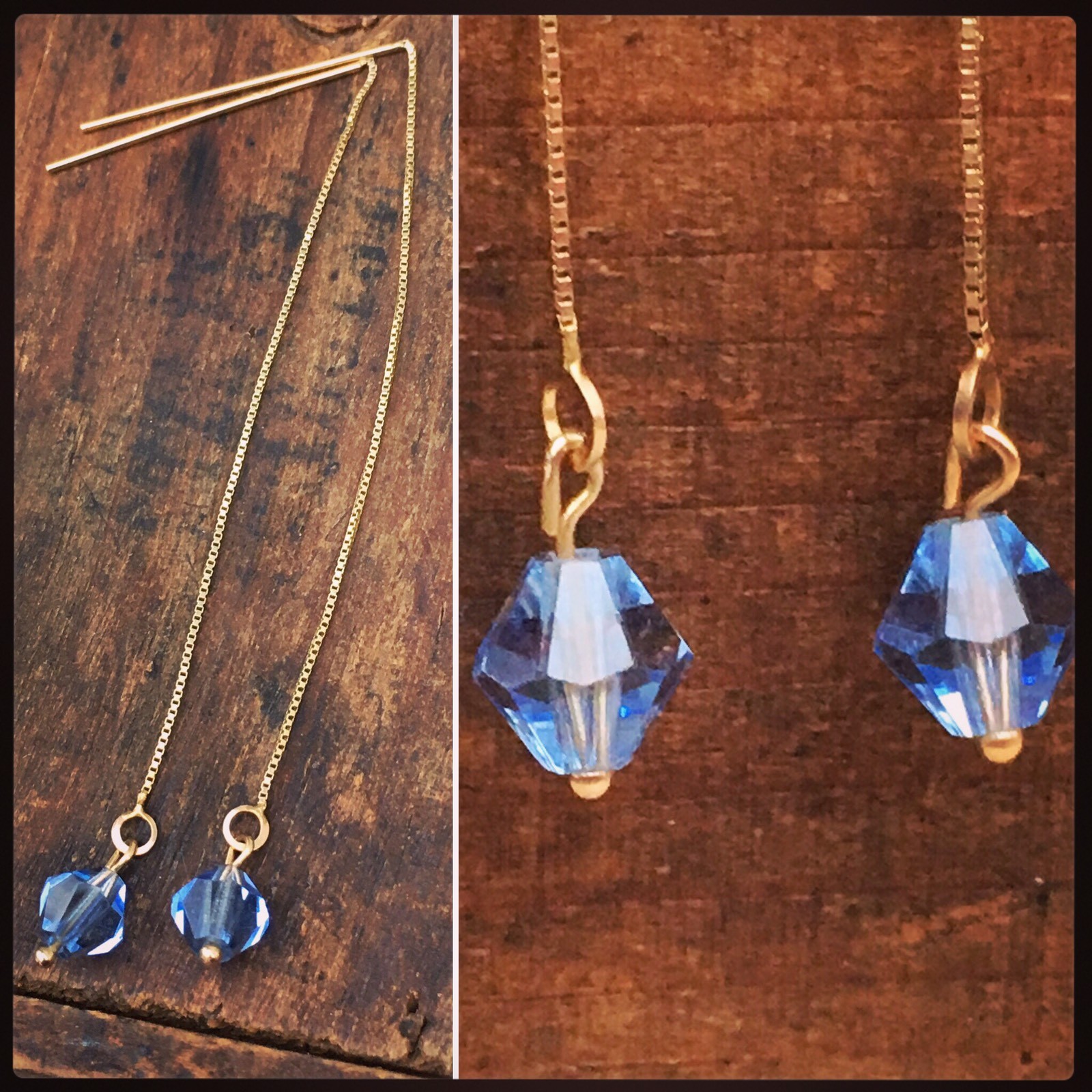 14k Solid Yellow Gold Dangle Chain Earrings Blue … - image 4