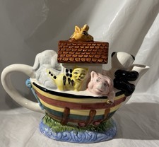 Vintage 1990 s Noah s Ark Shaped Teapot/ Decorative Hand Painted Ceramic
