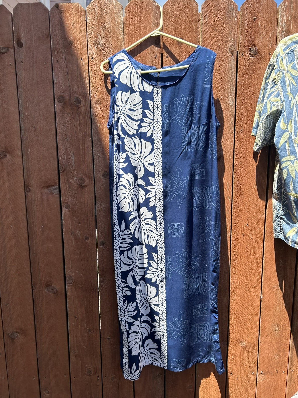 Hilo Hattie Prince Kuhio Maxi Dress Womens XL Blue White Monstera Leaf Hawaiian