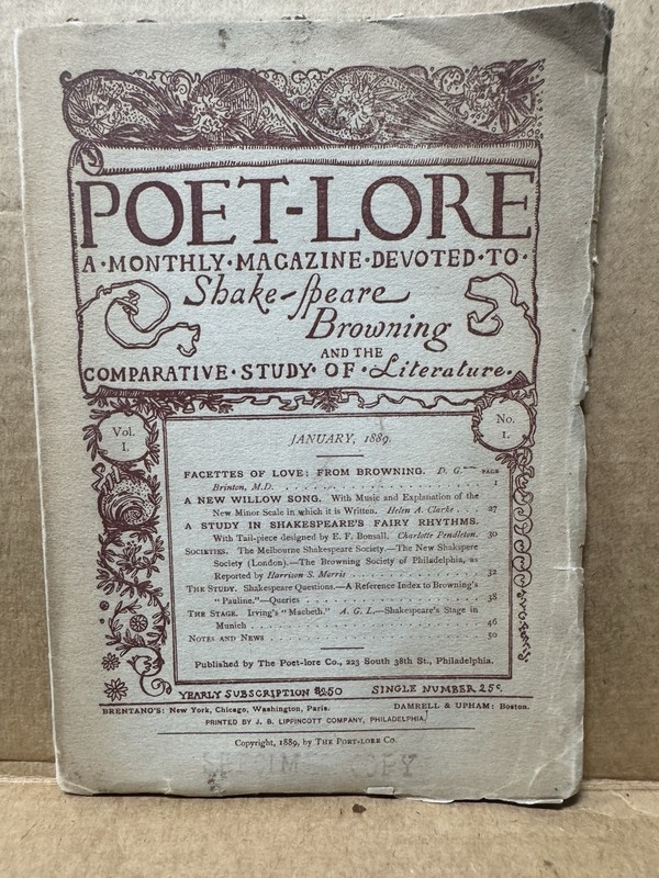 Poet-Lore Vol 1 No 1 January 1889 Shakespeare Browning Literary Magazine Rare