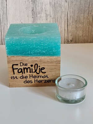 Wachskerze mit Eichenholz und Herz eingelassen Teelicht - Gravur Familie