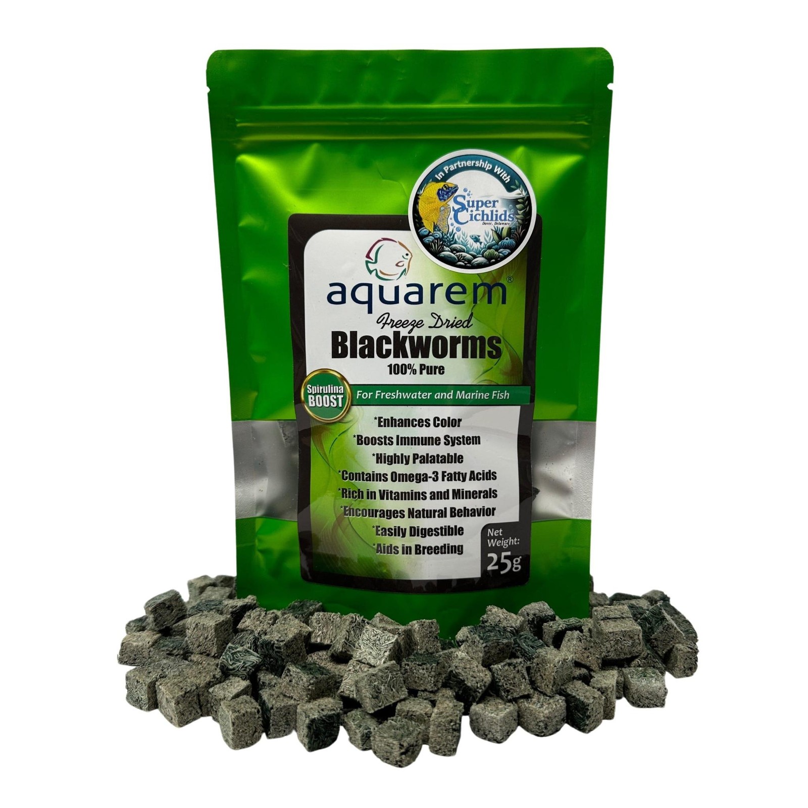 Super Cichlids Freeze-Dried Blackworms with Spirulina (All Natural, High Protein