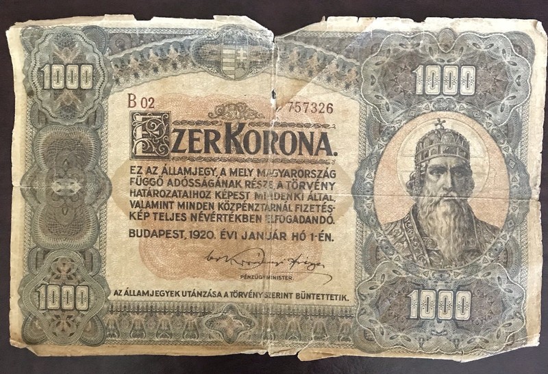 1923 HUNGARY PAPER MONEY - 1,000 KORONA BANKNOTE!