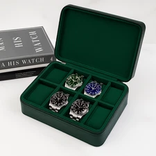 Green Leather Luxury Watch Box Travel Storage Organiser Case 8 Slot Luxury Suede