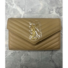 Saint Laurent Beige Quilted Envelope Wallet Logo Gold Tone Women's