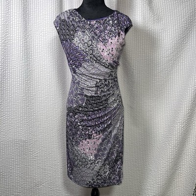 Connected Apparel Paisley Sheath Dress Womens 4 Purple Ruched Cocktail