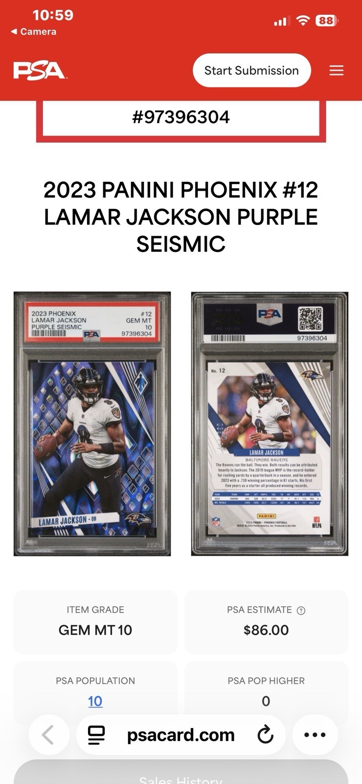Panini 2023 Phoenix Lamar Jackson #12 Baltimore Ravens Purple Seismic/125 PSA 10 view 4
