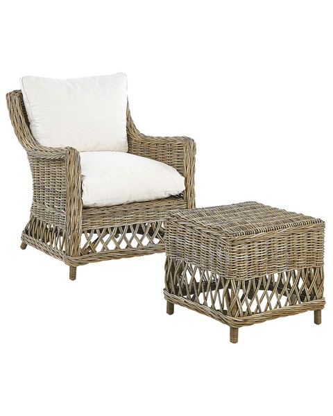 Gartensessel Mit Hocker Rattan NatüRlich Auflagen Cremeweiß Boho-Stil Ribolla-image