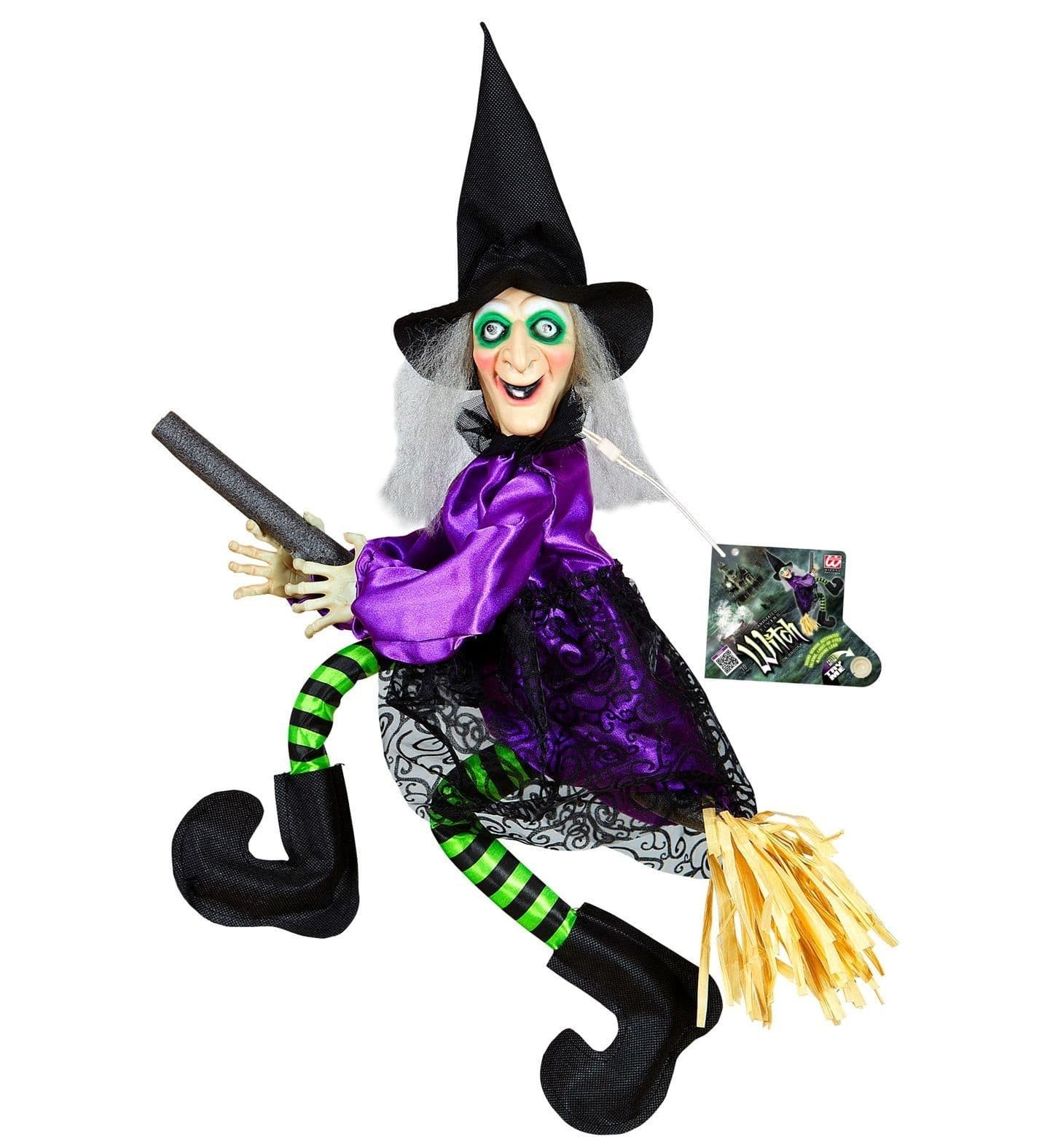 Halloween Talking Witch on Broom Glowing Eyes Animated Decoration 70cm