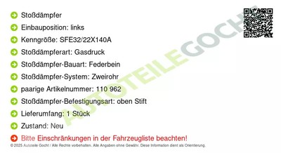 Sachs Stoßdämpfer Federbein für Links 110963