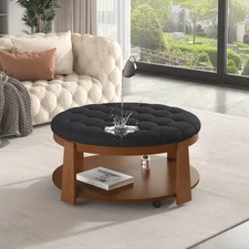 Round Ottoman Footstool Coffee Table, Upholstered Living Room Accent (New)