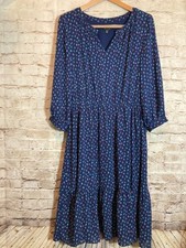 Talbots Midi Dress Women 12 Navy Nautical Anchor Print Tiered Boho Dark Romantic