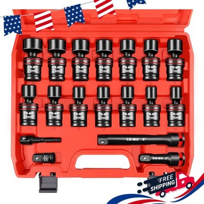 18-Piece 1/2'' Drive Shallow Impact Universal Joint Metric Swivel Socket Set