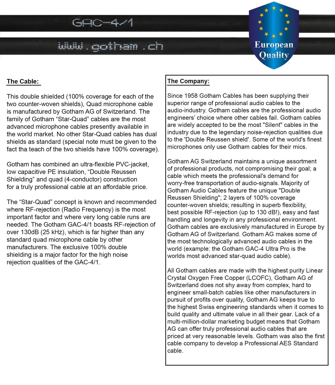 3.5 Foot RCA Cable Pair - Gotham GAC-4/1 (Black) Star-Quad Audio Interconnect...