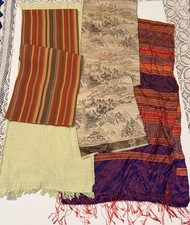 Vintage Linen Lot of 4 Table Runners Scarves Stripes Green Fabric Cotton Fringe