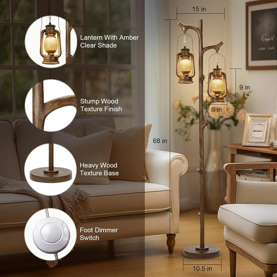 68" Rustic Farmhouse Wood Floor Lamp Tree Trunk Standing Lamp Lantern Dimmable - Image 2 of 4
