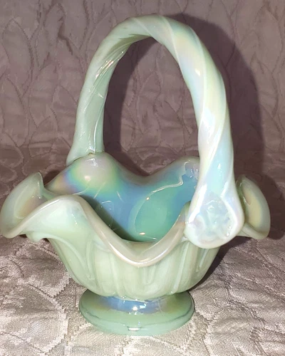 Vintage Fenton Soft Pale Green Iridescent Opalescent Basket Rare Lamb's Tongue