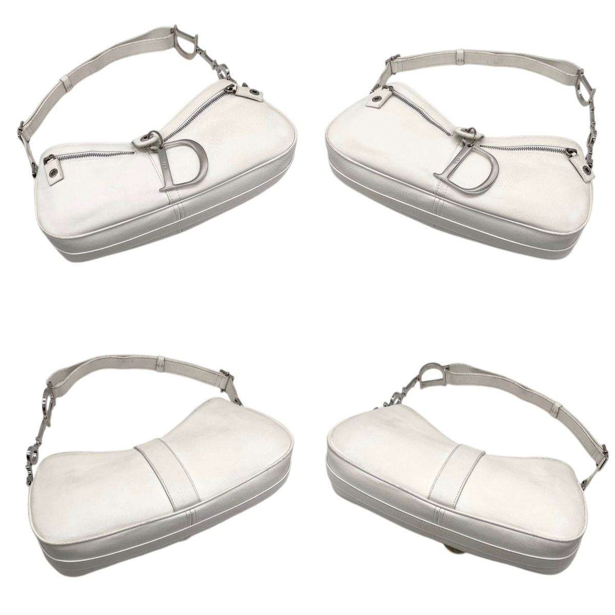 レア♡Diorヴィンテージ白レザーバッグ 丸型ハンドル RAREAuth CHRISTIAN DIOR 2005 Leather Street Chic D Logo Dior Chain